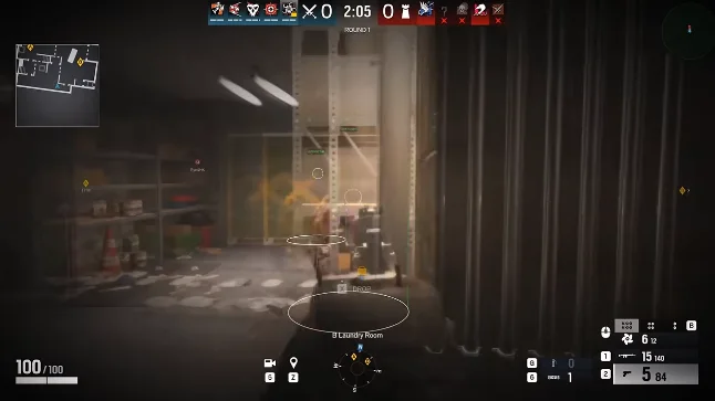 Rainbow Six Siege ESP with skeleton outlines and player boxes in Laundry Room