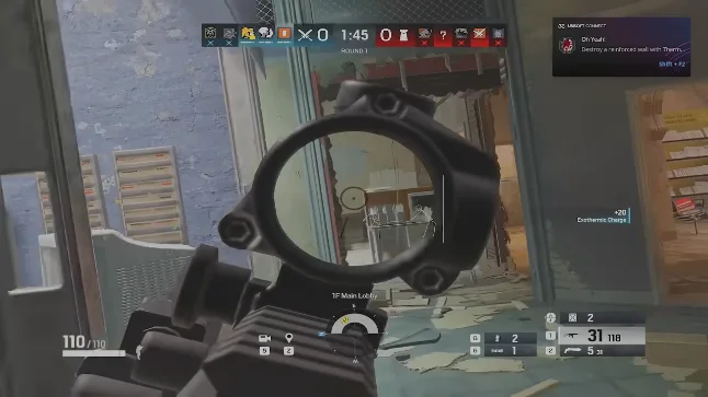 Rainbow Six Siege scope ESP wireframe showing enemies through wall in Main Lobby